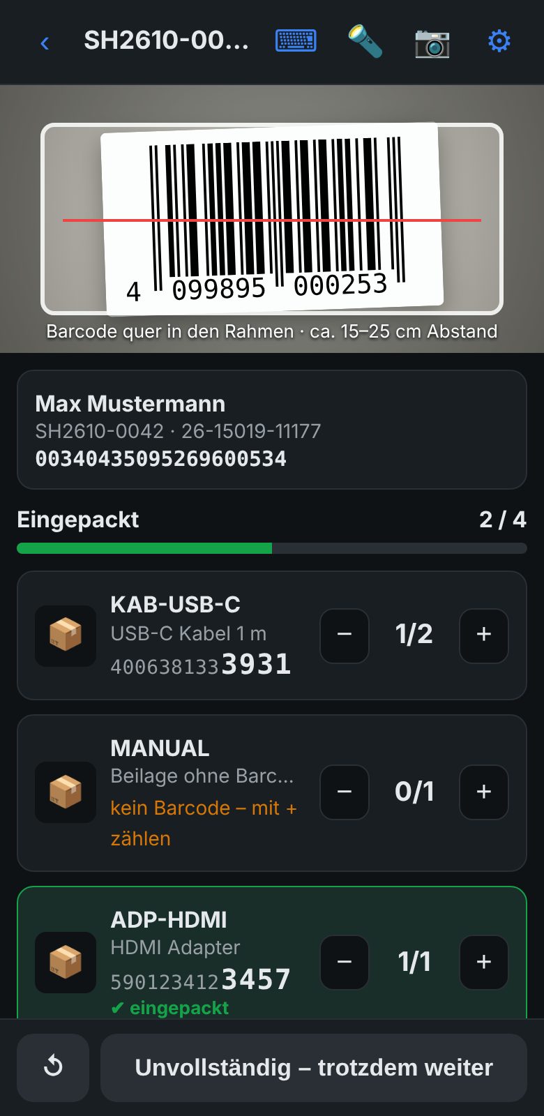 PackScan: Einpackkontrolle nach Label-Scan
