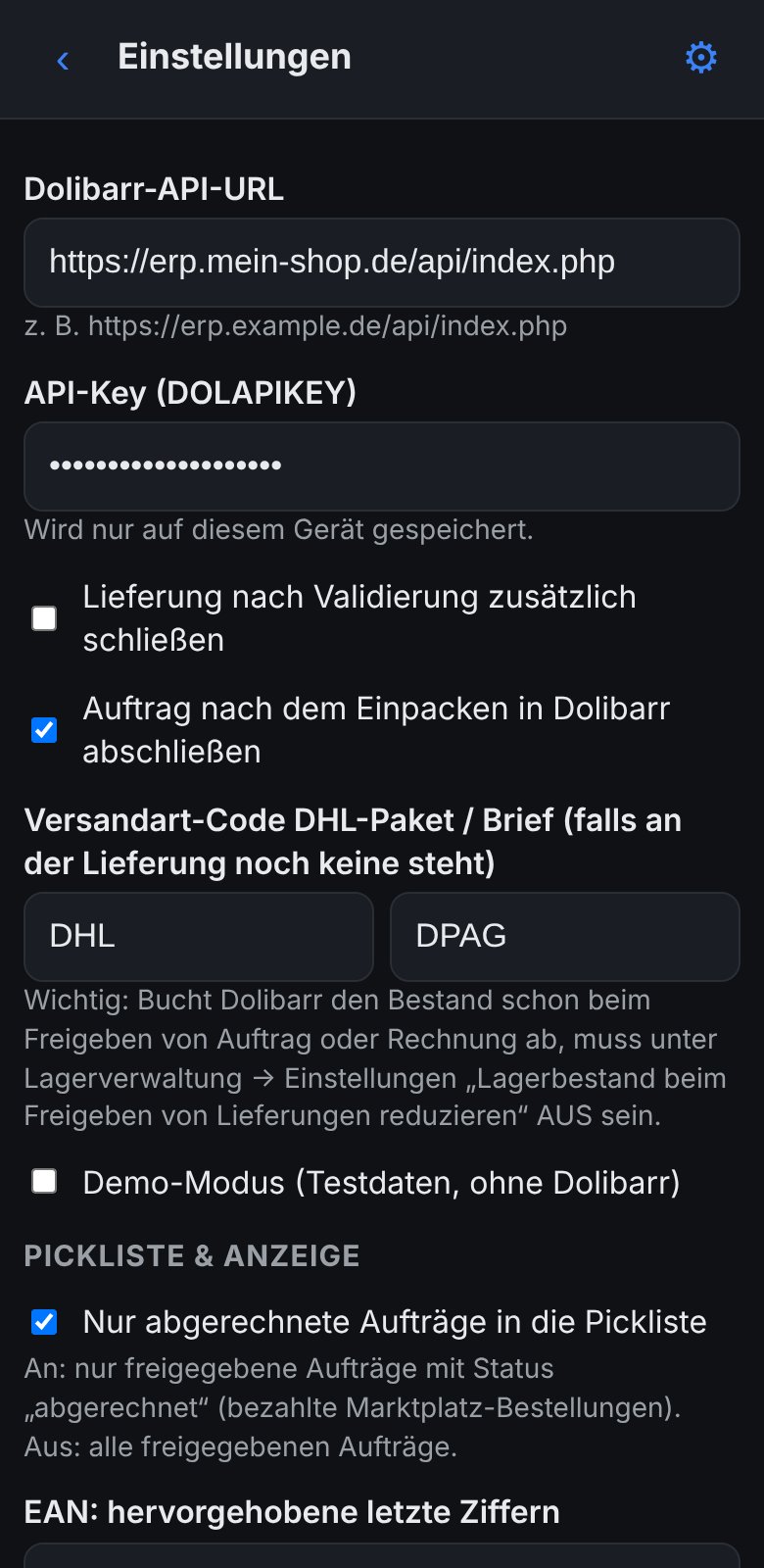 PackScan: Einstellungen mit Dolibarr-Adresse, API-Token, Versandarten und Pickliste