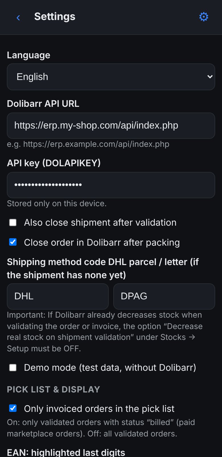 PackScan: settings with Dolibarr address, API token, shipping methods and pick list