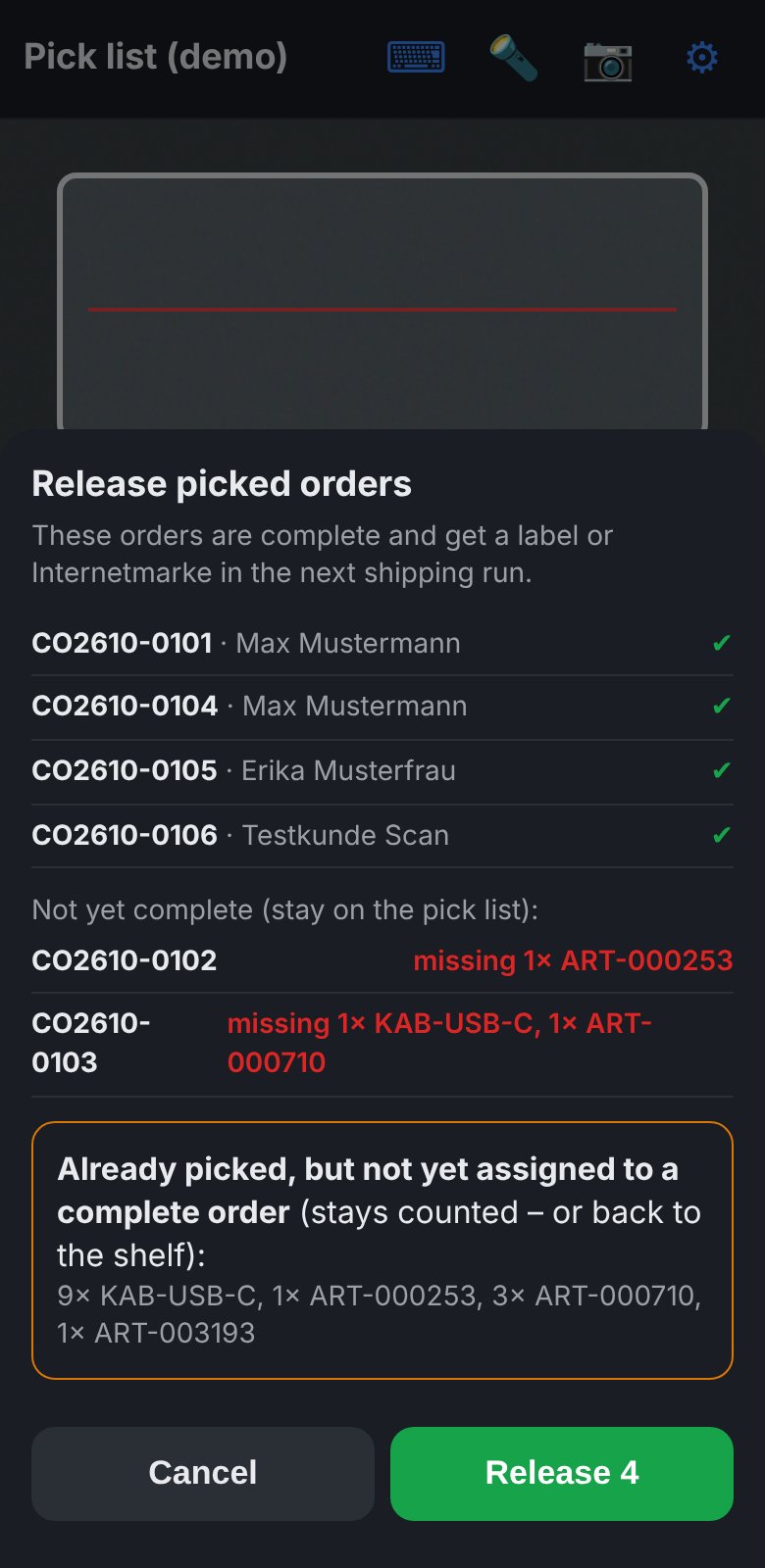 PackScan: releasing picked orders