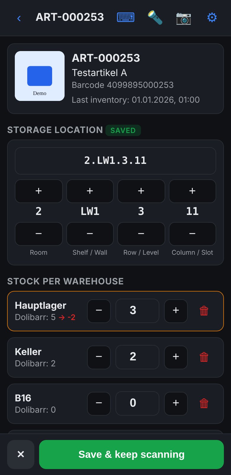 Inventory: product with storage location, fewer counted than in Dolibarr