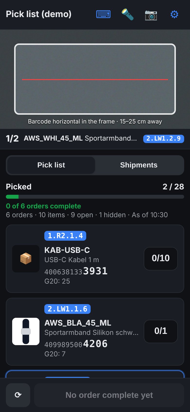 PackScan: pick list with storage locations, last EAN digits and camera