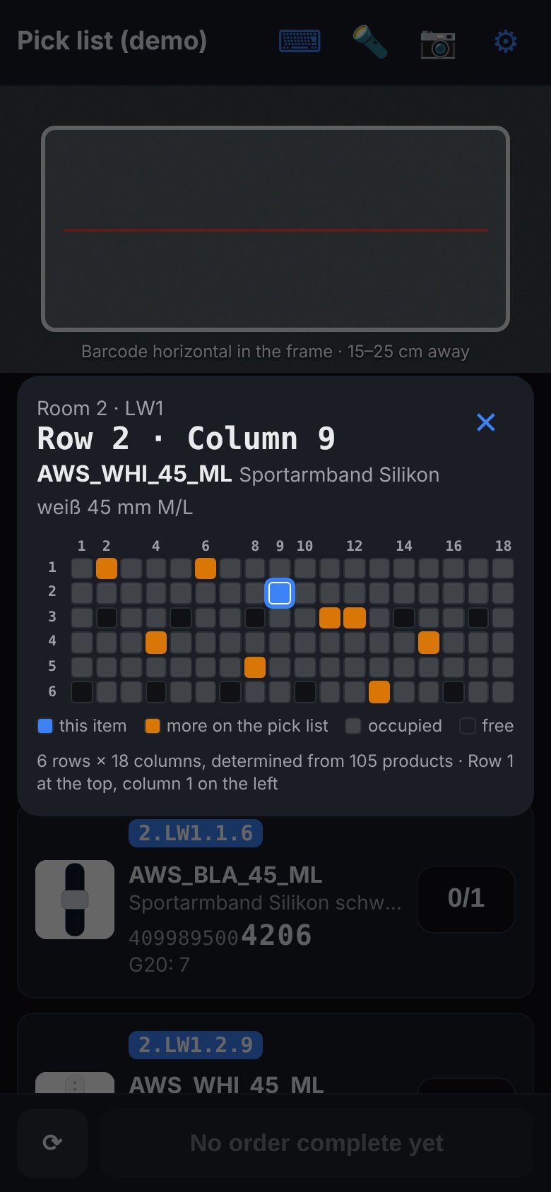 PackScan: grid of a pegboard with the location highlighted
