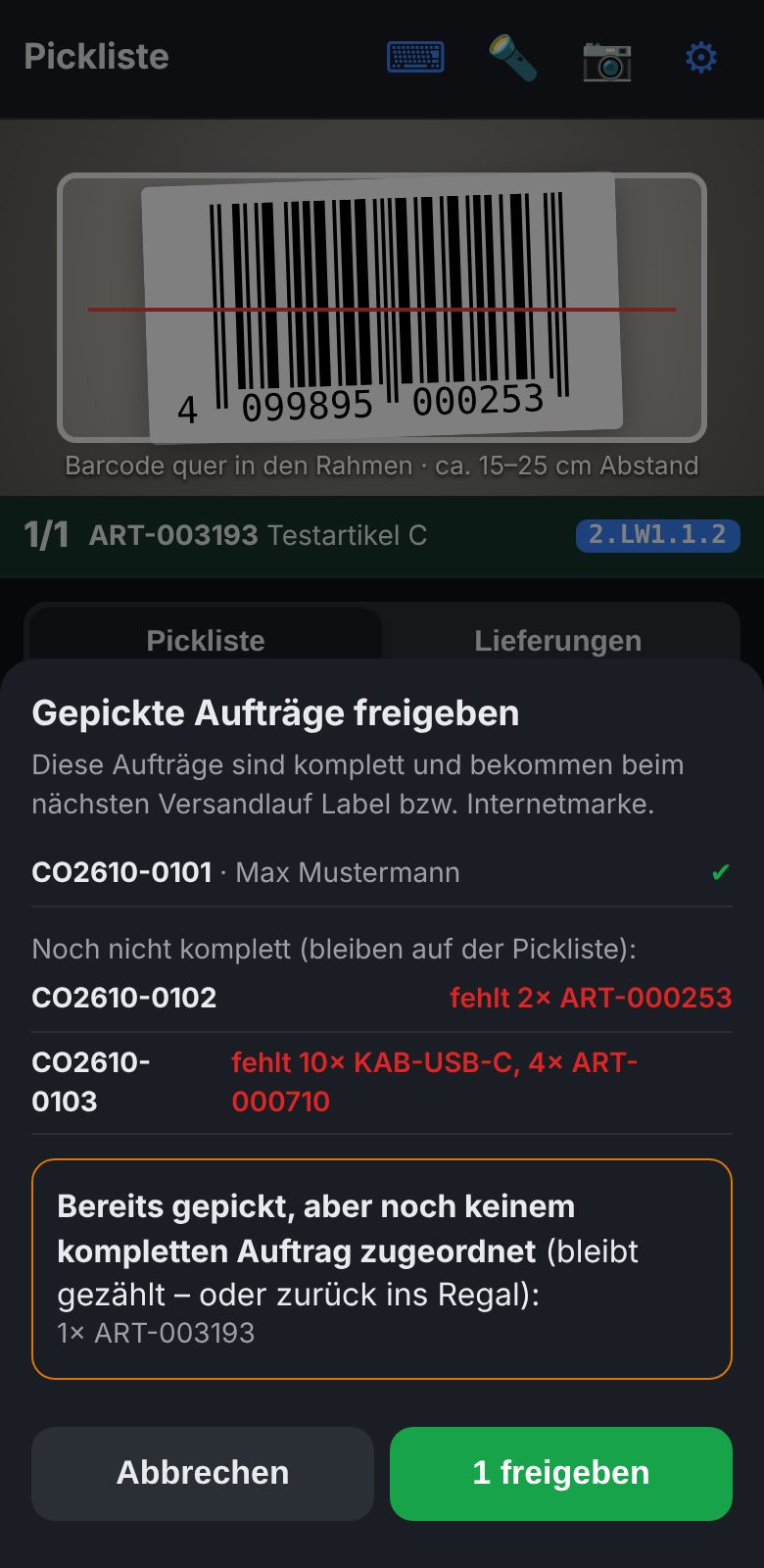 PackScan: Freigabe gepickter Aufträge