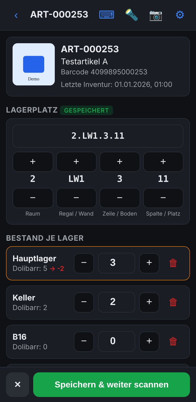 Inventur: Produkt mit Lagerplatz, gezählt wird weniger als in Dolibarr
