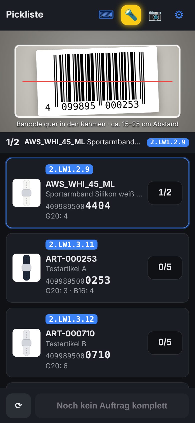 PackScan: Pickliste mit Lagerplätzen, EAN-Endziffern und Kamera